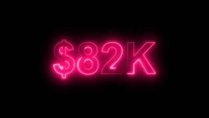 Neon line bright 82k followers isolated magenta red color 4k illustration on black background. Vibrant neon shiny 82k text  magenta red color 4k illustration digits for high-resolution. 