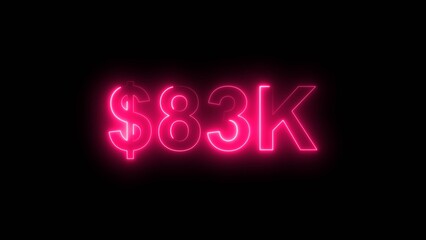Neon line bright 83k followers isolated magenta red color 4k illustration on black background. Vibrant neon shiny 83k text  magenta red color 4k illustration digits for high-resolution. 