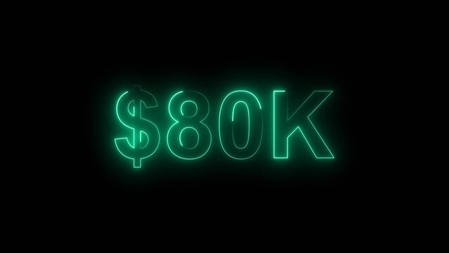 Neon line bright 80k followers isolated turquoise color 4k illustration on black background. Vibrant neon shiny 80k text turquoise color 4k illustration digits for high-resolution. 