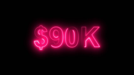 Neon line bright 90k followers isolated magenta red color 4k illustration on black background. Vibrant neon shiny 90k text  magenta red color 4k illustration digits for high-resolution. 