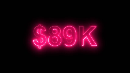 Neon line bright 89k followers isolated magenta red color 4k illustration on black background. Vibrant neon shiny 89k text  magenta red color 4k illustration digits for high-resolution. 