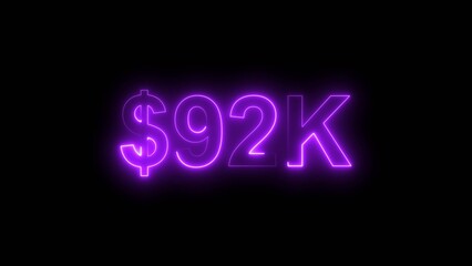 Neon line bright 92k followers isolated magenta red color 4k illustration on black background. Vibrant neon shiny 92k text  magenta red color 4k illustration digits for high-resolution. 