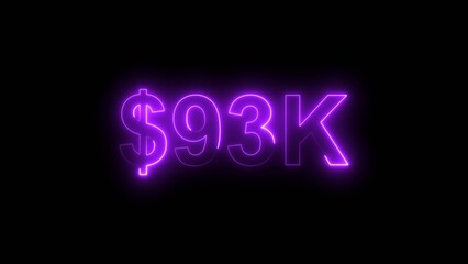 Neon line bright 93k followers isolated magenta red color 4k illustration on black background. Vibrant neon shiny 93k text  magenta red color 4k illustration digits for high-resolution. 