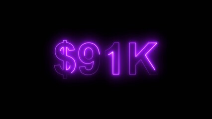 Neon line bright 91k followers isolated magenta red color 4k illustration on black background. Vibrant neon shiny 91k text  magenta red color 4k illustration digits for high-resolution. 