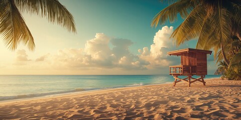 Lifeguard station on remote tropical shoreline beneath overcast skies during quiet season, focusing on safety measures and solitude