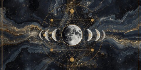 Marbled textures and gold metallic foil form an abstract cosmic background with planetary themes, suitable for editorial header design