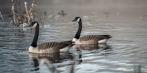 Obraz premium Group of Canadian geese swimming in a calm water setting, ideal for environmental awareness materials, Earth Day