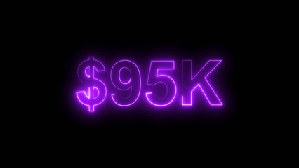 Neon line bright 95k followers isolated magenta red color 4k illustration on black background. Vibrant neon shiny 95k text  magenta red color 4k illustration digits for high-resolution. 