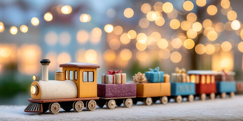 Toy small Christmas train moving along the rails with gift boxes. Xmas and New Year card and banner concept.