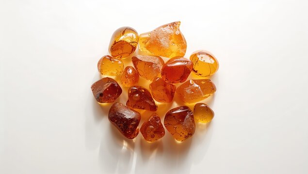 Group of amber pieces containing embedded insects, used for geological and paleontological studies