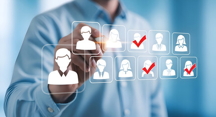 Man in blue shirt interacting with digital interface of user profile icons with red checkmarks on blurred background