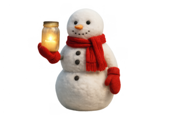 Snowman wearing red scarf and mittens holding glowing candle in glass jar, winter holiday concept on transparent background