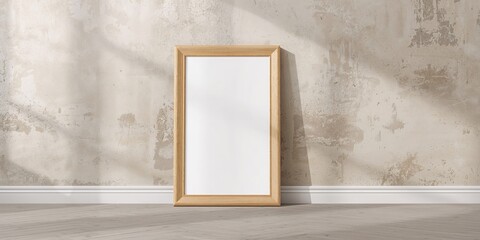 Empty vertical wooden picture frame mockup on beige textured concrete wall for interior design, background for artwork display