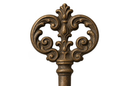 Ornate antique skeleton key handle with decorative bronze scrollwork, symbolizing mystery, access, and vintage security - Powered by Adobe
