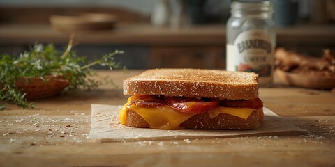Nourishing breakfast with a grilled cheese sandwich on whole wheat bread, cheddar cheese, and tomato slices, highlighting balanced ingredients