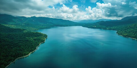 Birds-eye perspective of a vast picturesque lake on a cloudy summer day, suitable for environmental conservation campaigns