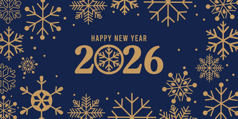 Elegant Happy New Year 2026 greeting card with golden typography and decorative snowflakes on a dark blue background, perfect festive design for holiday invitations, social media, posters and seasonal © bibin