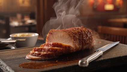 Street food scene with crispy pork belly on a wooden platter, highlighting culinary authenticity and food handling