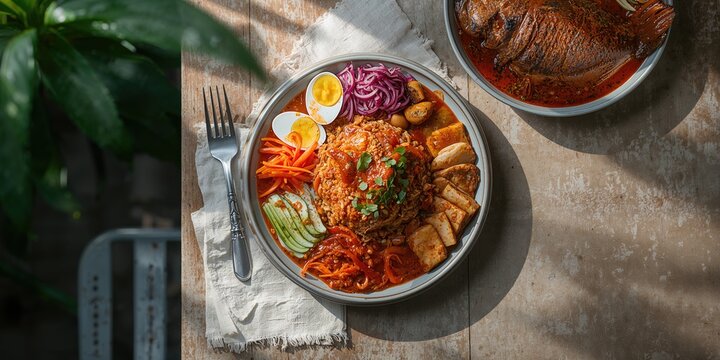Indonesian Pecal with vegetables, eggs, Tempe, tofu, and grilled fish served with spicy peanut sauce, meal preparation focus