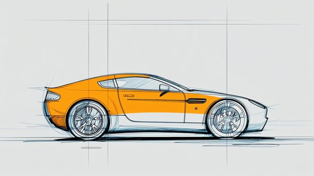 Esquisse technique d'une voiture de sport orange et blanche &eacute;l&eacute;gante
