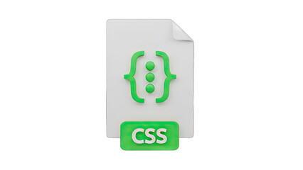 Close Up 3d Render Of A White Document Icon Featuring Green Curly Braces And CSS File Type Symbol On Transparent Background With Subtle Shadowing And Studio Lighting