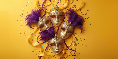 Decorative masquerade masks with gold and purple accents on a yellow backdrop, suitable for event decor, Mardi Gras theme