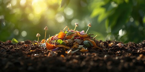 Discarded food scraps and a plastic bag on a compost pile, waste management practices for sustainability