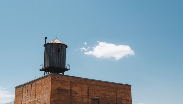 Wooden water tower atop brick structure, focusing on utility and urban water supply, blue sky with cloud in background, World Water Day
