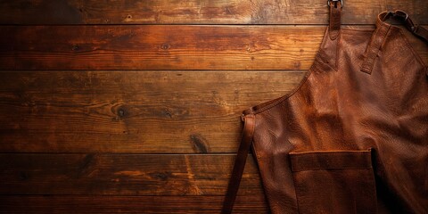 Apron with leather straps placed on rustic wooden surface, ideal for kitchen safety or cooking activities, International Cooking Day