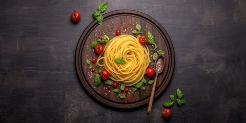 Fresh pasta and ingredients on a dark board, preparation for a homemade meal, culinary process, World Food Day