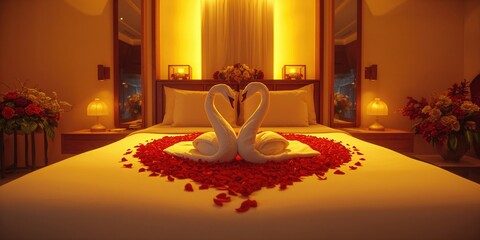 Luxury hotel honeymoon room featuring a swan-shaped bed with rose petals forming a heart, ambient yellow lighting enhances romantic atmosphere