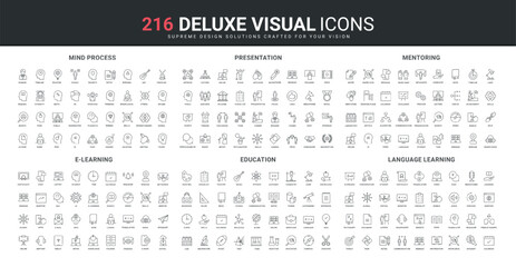 Education and elearning, leaders speech, mind process and thinking skill line icon set. Language learning lessons, mentoring and office presentation thin black outline symbols vector illustration