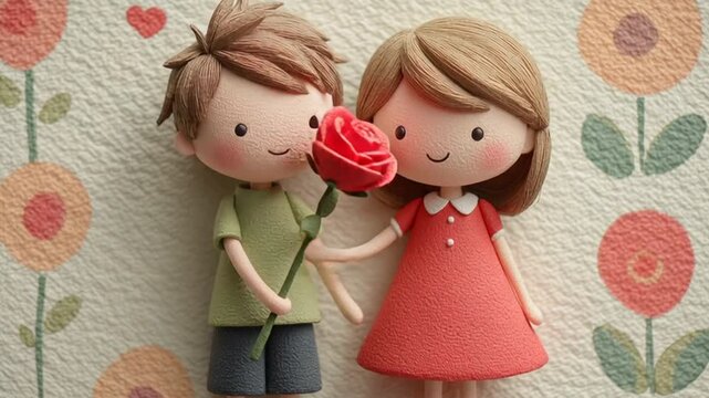 fondo romantico para SanValentin en dibujos animados 3d con marionetas de trapo. ni&ntilde;o entregando rosa roja a una ni&ntilde;a feliz