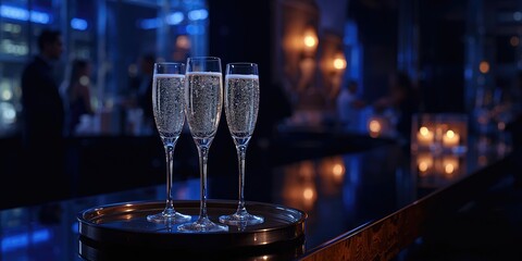 Nighttime bar scene with champagne glasses on a tray, highlighting festive atmosphere and fashion
