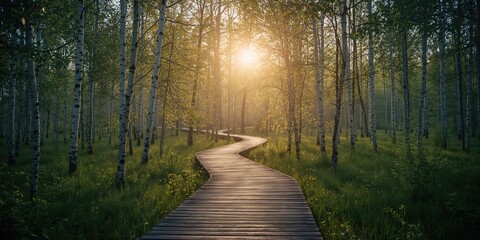 Fototapeta premium Pathway amid birch trees in the Moor, ecological stability and landscape conservation