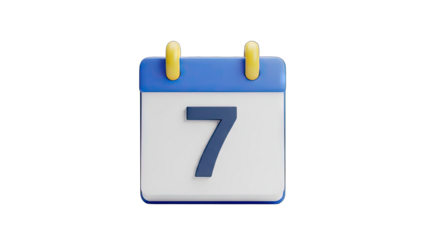 Close up of a 3D rendering of a calendar icon with the number 7 displayed on a white page and blue top with yellow clips against a black background and transparent background