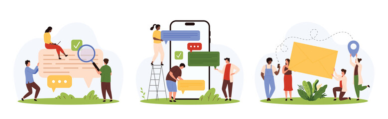 Online messages in chat, email in mailbox mobile application set. Tiny people send SMS in messenger on phone screen, holding speech bubble with digital text and envelope cartoon vector illustration
