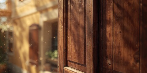 Detailed view of a vintage French wooden shutter window, highlighting craftsmanship and aging process