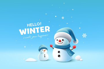 Snowman blue design, Merry christmas and Happy new year, winter poster flyer blue background