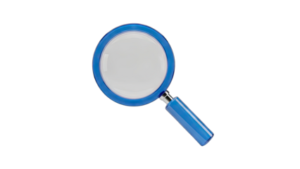 Close up of a blue magnifying glass with a metallic handle isolated on a black background for a search or analysis concept