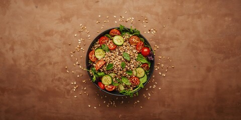 Cooked whole grain cereal spelt transformed into a vegetable salad with tomatoes, cucumber, and greens, suitable for a healthy vegan dinner, World Vegan Day