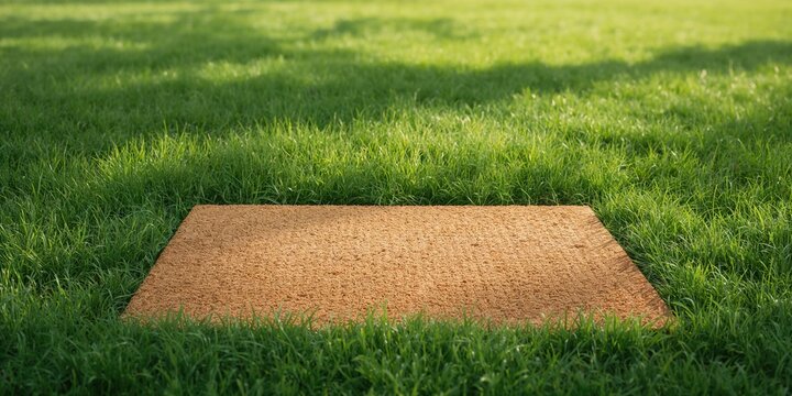 Coir doormat placed on lush green grass in spring, suitable for outdoor entrance decor