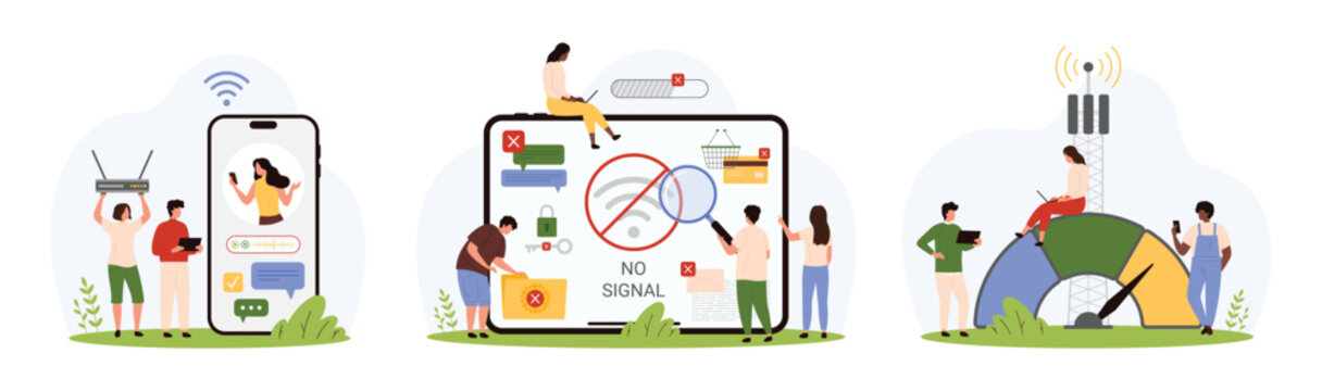 Internet connection error, speed wireless signal set. Tiny people using modem router for chat messages, test level in speedtest meter, work with lost network problems cartoon vector illustration