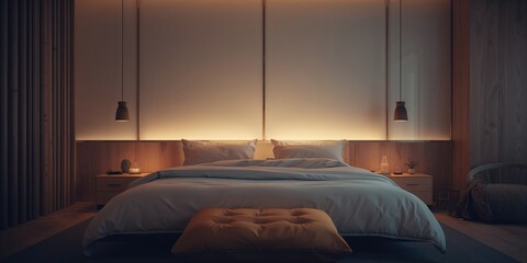 Modern double bed featuring plush accessories for comfort, bedroom setup