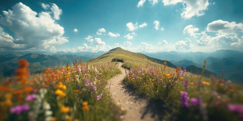 Obraz premium Serene mountain path lined with wildflowers against a clear blue sky, suitable as a backdrop for nature-focused layouts