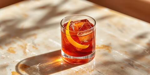Glass with dark orange drink featuring lemon peel and ice cubes, cocktail preparation, World Cocktail Day