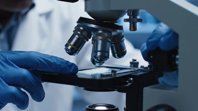 Closeup of scientist wearing blue glove adjusting slide on microscope in laboratory setting for research