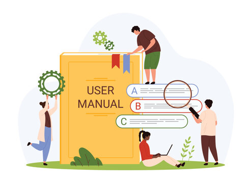 User manual, reference to guide, tutorial or library with FAQ. Tiny people with magnifying glass read advices of guidance book, study info text of electronic document cartoon vector illustration