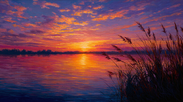 A breathtaking sunset reflected on tranquil water, reeds in the foreground. The sky is ablaze with vibrant colors