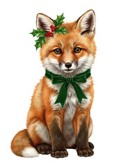 Fototapeta premium adorable baby fox kit illustration with orange and white fur, wearing a deep green velvet scarf and holly wreath, vintage watercolor and pen and ink style on aged paper, isolated on white with copy
